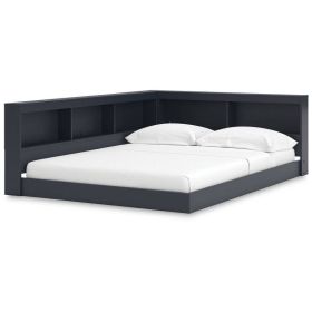Full size Blue Wooden Corner Storage Bed with Bookcase Headboard and USB Ports