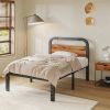 Twin size Heavy Duty Black Metal Bed Frame with Solid Wood Panel Headboard