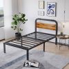 Twin size Heavy Duty Black Metal Bed Frame with Solid Wood Panel Headboard