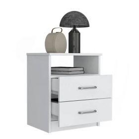 Modern 2-Drawer Nightstand with Open Shelf in White Wood Finish