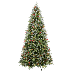 Artificial 6ft Green LED-lit Christmas Tree with 1593PE/PVC Mixed Branch Tips,Red fruit and Pine cone