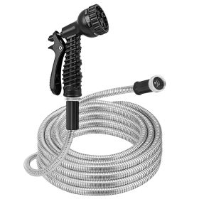 25FT-50FT-100FT Options -- 1Pc Heavy Duty Stainless Steel Garden Hose Garden Watering Kit Metal Water Hose With 2 Nozzles 12 Patterns Flexible Extenda (Option: 25FT)
