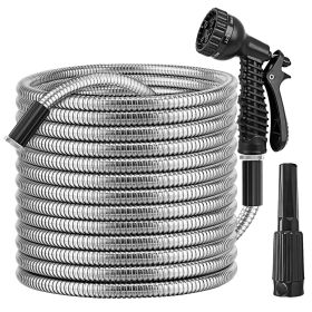25FT-50FT-100FT Options -- 1Pc Heavy Duty Stainless Steel Garden Hose Garden Watering Kit Metal Water Hose With 2 Nozzles 12 Patterns Flexible Extenda (Option: 100FT)